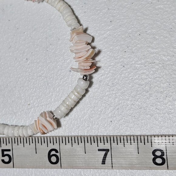 Boho White Pink Shell Heishi Bead Necklace Silver Accents Beach Core Vacation - Picture 5 of 5